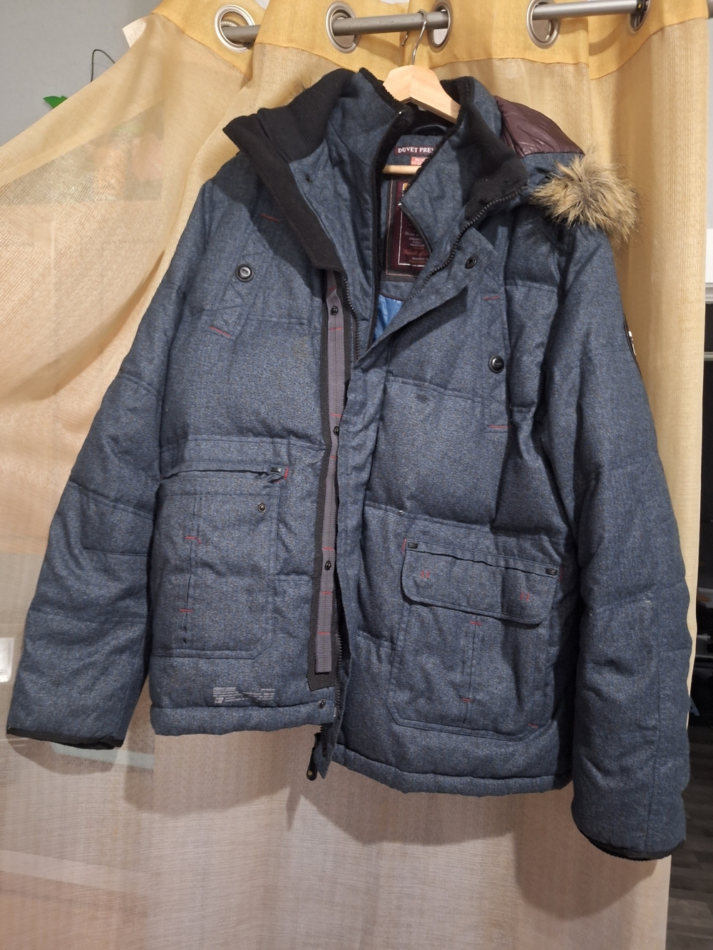 Point Zero Men's Navy Quilted Duvet Premium Down Parka with Fur-Trim Hood